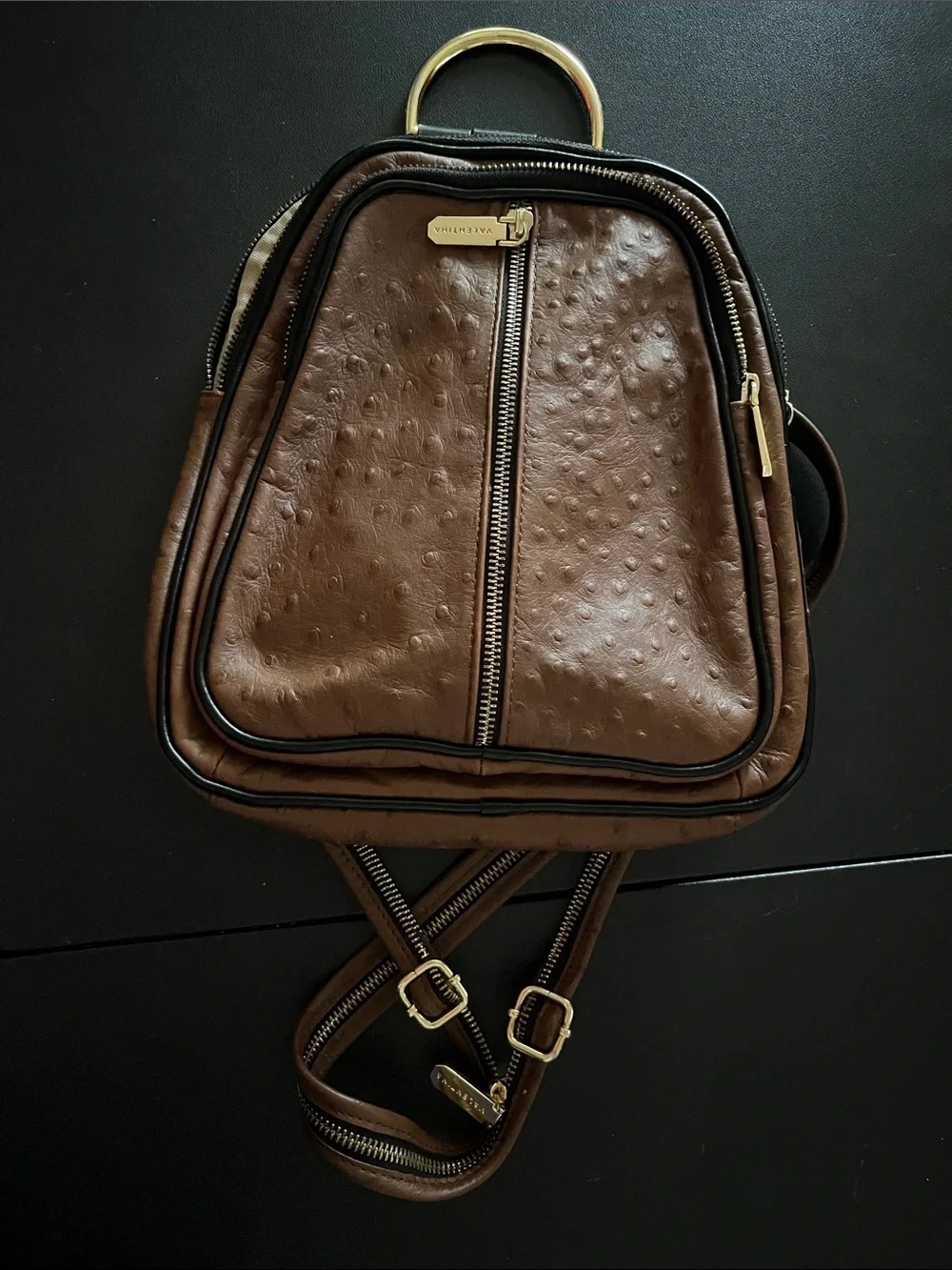 Valentina Brown Faux-Ostrich Mini Backpack Purse size with Gold Hardware